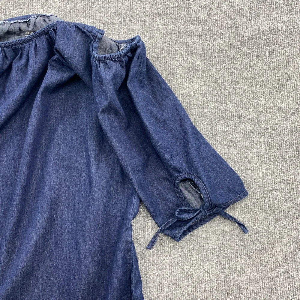 Max Jeans Denim Dress Womens Medium Blue Cold Shoulder Tie Sleeve Boho Casual - Picture 8 of 10